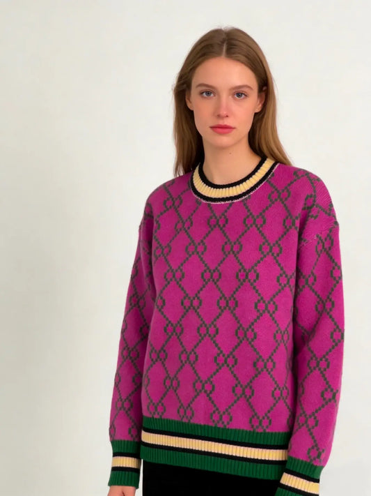 Autumn & Winter New round Neck Long Sleeve Sweater, Unique Design Loose Soft Comfortable Slimming Knit Top, Elegant Chic Colorblock Design, Casual Fashion Top
