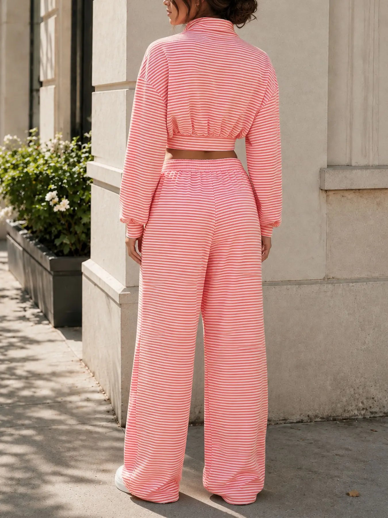 Women'S Striped Long Pants Set, Soft Elastic Fabric Short Zipper Jacket and High Waist Wide Leg Drawstring Casual Pants