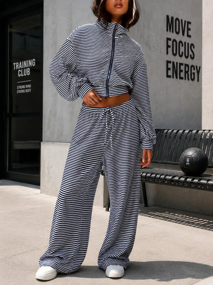 Women'S Striped Long Pants Set, Soft Elastic Fabric Short Zipper Jacket and High Waist Wide Leg Drawstring Casual Pants