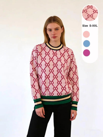 Autumn & Winter New round Neck Long Sleeve Sweater, Unique Design Loose Soft Comfortable Slimming Knit Top, Elegant Chic Colorblock Design, Casual Fashion Top