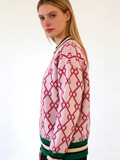 Autumn & Winter New round Neck Long Sleeve Sweater, Unique Design Loose Soft Comfortable Slimming Knit Top, Elegant Chic Colorblock Design, Casual Fashion Top