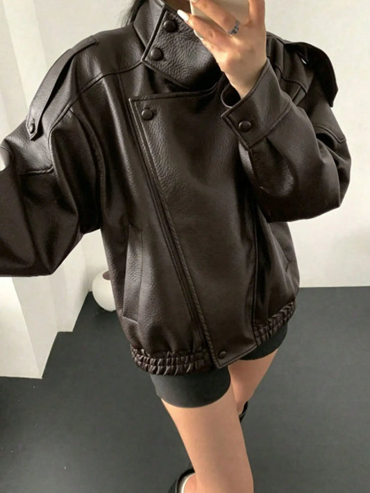 Women'S Fall & Winter Streetwear Casual Coats, Fashion Motorcycle Style Leather-Look Long Sleeve Jacket, Vintage Loose Fit, Stand Collar Asymmetrical Design, Multiple Colors Available