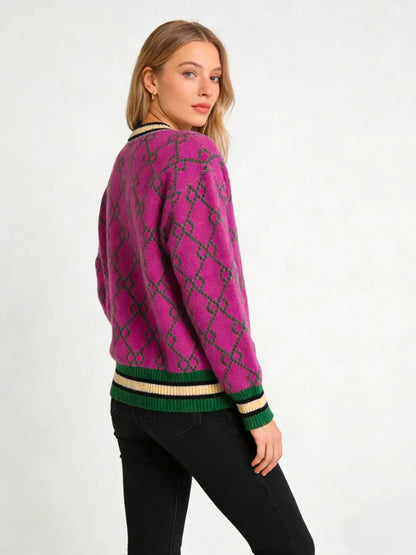 Autumn & Winter New round Neck Long Sleeve Sweater, Unique Design Loose Soft Comfortable Slimming Knit Top, Elegant Chic Colorblock Design, Casual Fashion Top