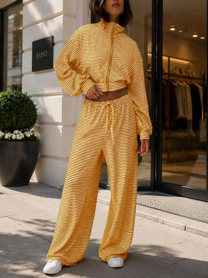 Women'S Striped Long Pants Set, Soft Elastic Fabric Short Zipper Jacket and High Waist Wide Leg Drawstring Casual Pants