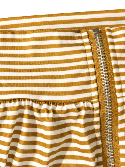 Women'S Striped Long Pants Set, Soft Elastic Fabric Short Zipper Jacket and High Waist Wide Leg Drawstring Casual Pants