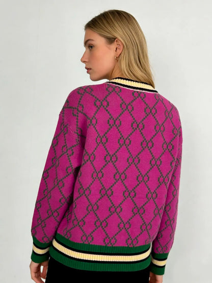 Autumn & Winter New round Neck Long Sleeve Sweater, Unique Design Loose Soft Comfortable Slimming Knit Top, Elegant Chic Colorblock Design, Casual Fashion Top
