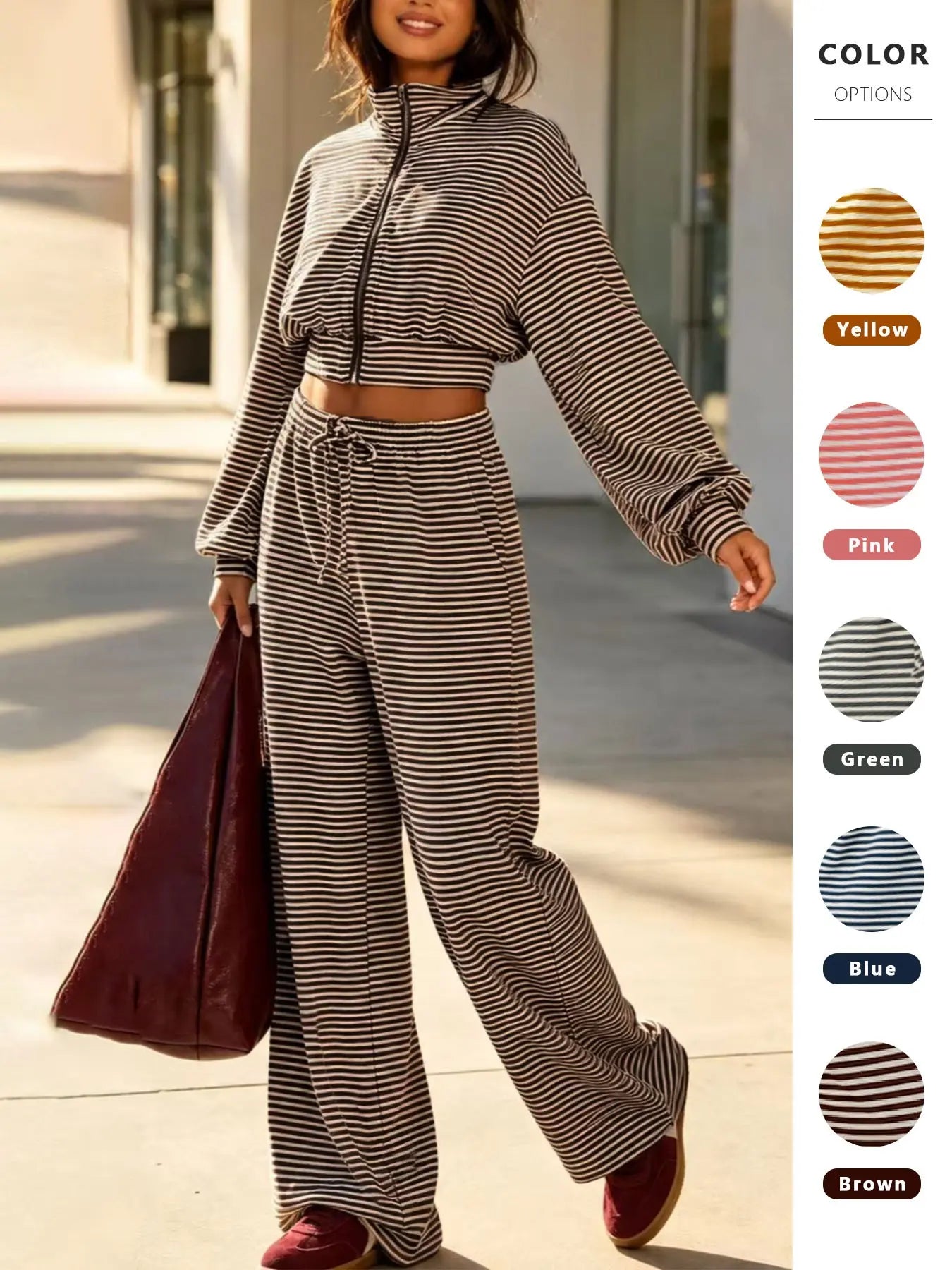Women'S Striped Long Pants Set, Soft Elastic Fabric Short Zipper Jacket and High Waist Wide Leg Drawstring Casual Pants